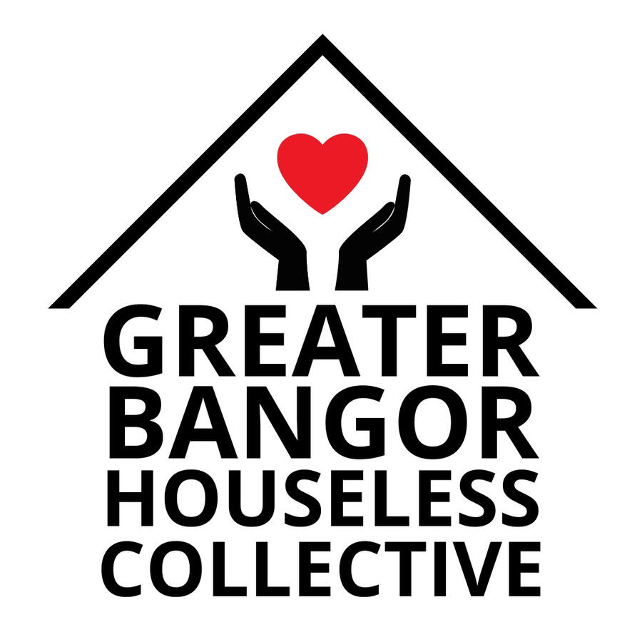 Greater Bangor Houseless Collective logo, two black lines form a rooftop, within the roof is a pair of cartoon hands holding a bright red heart. below this, text reads "Greater Bangor Houseless Collective" in all caps.