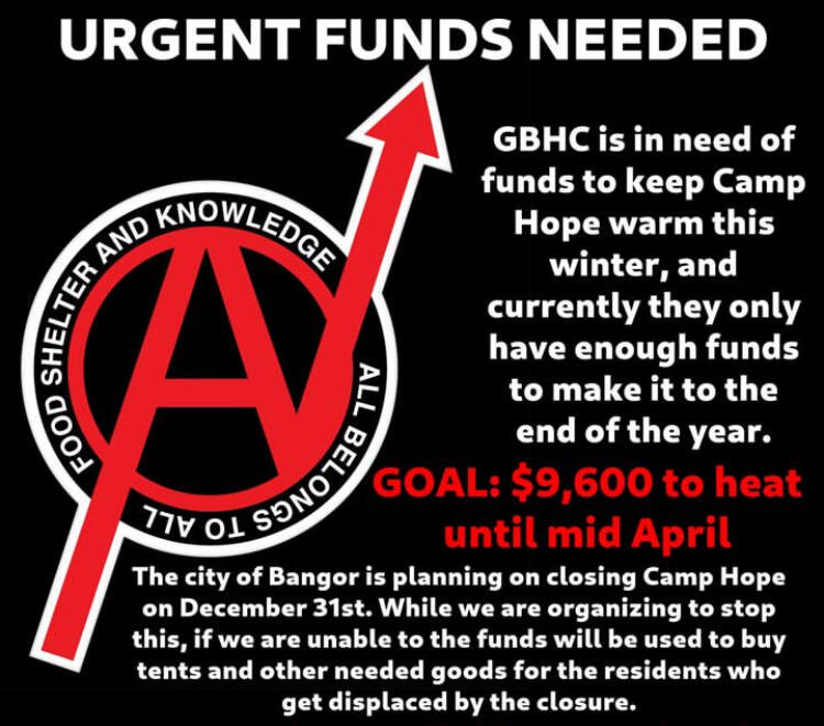 White and red text on a black background reads: "urgent funds needed. GBHC is in need of funds to keep Camp Hope warm this winter, and currently they only have enough funds to make it to the end of the year. Goal: $9,600 to heat until mid April. The city o